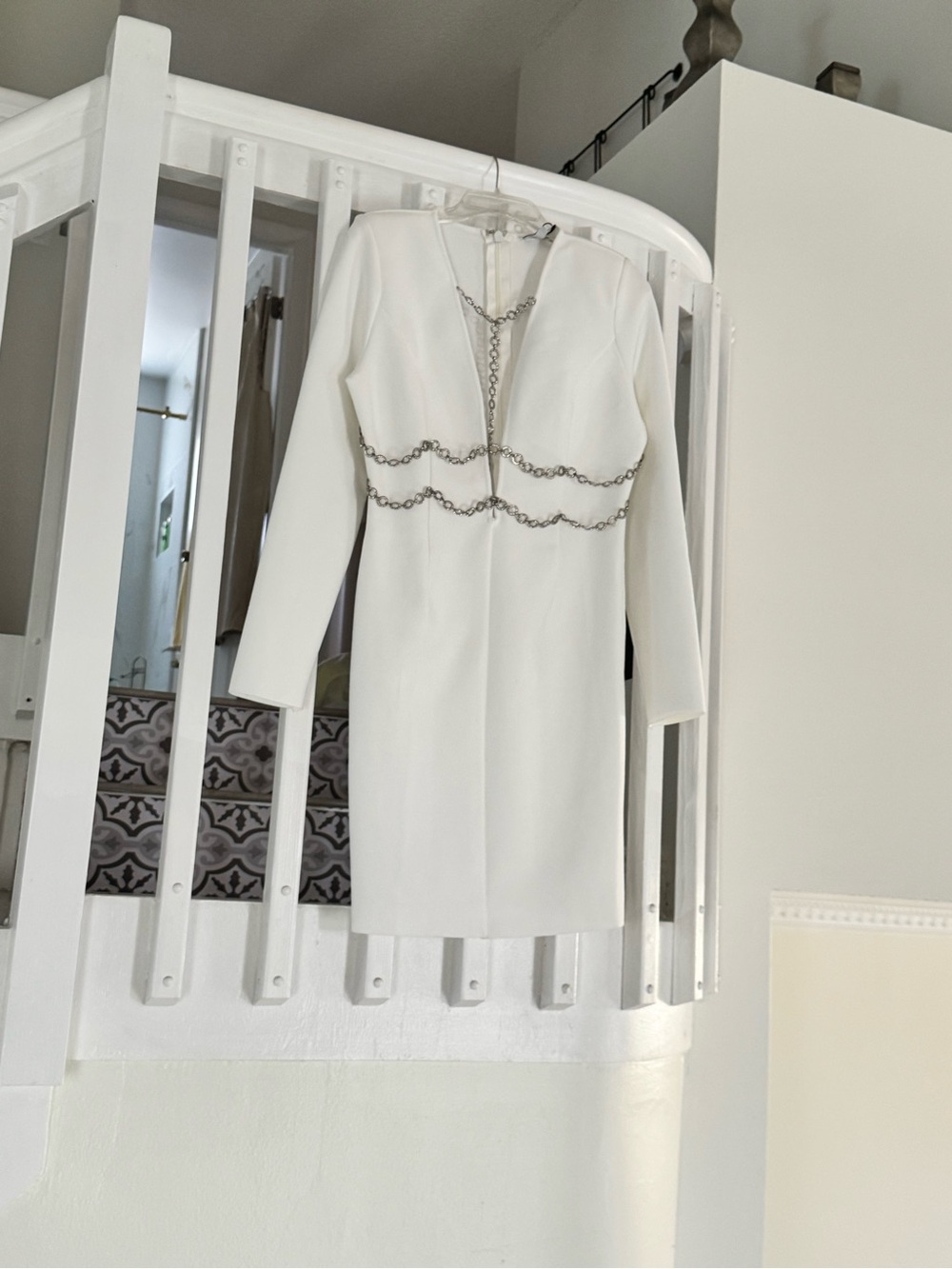 White Long-Sleeve Chain-Trim Mini Dress
